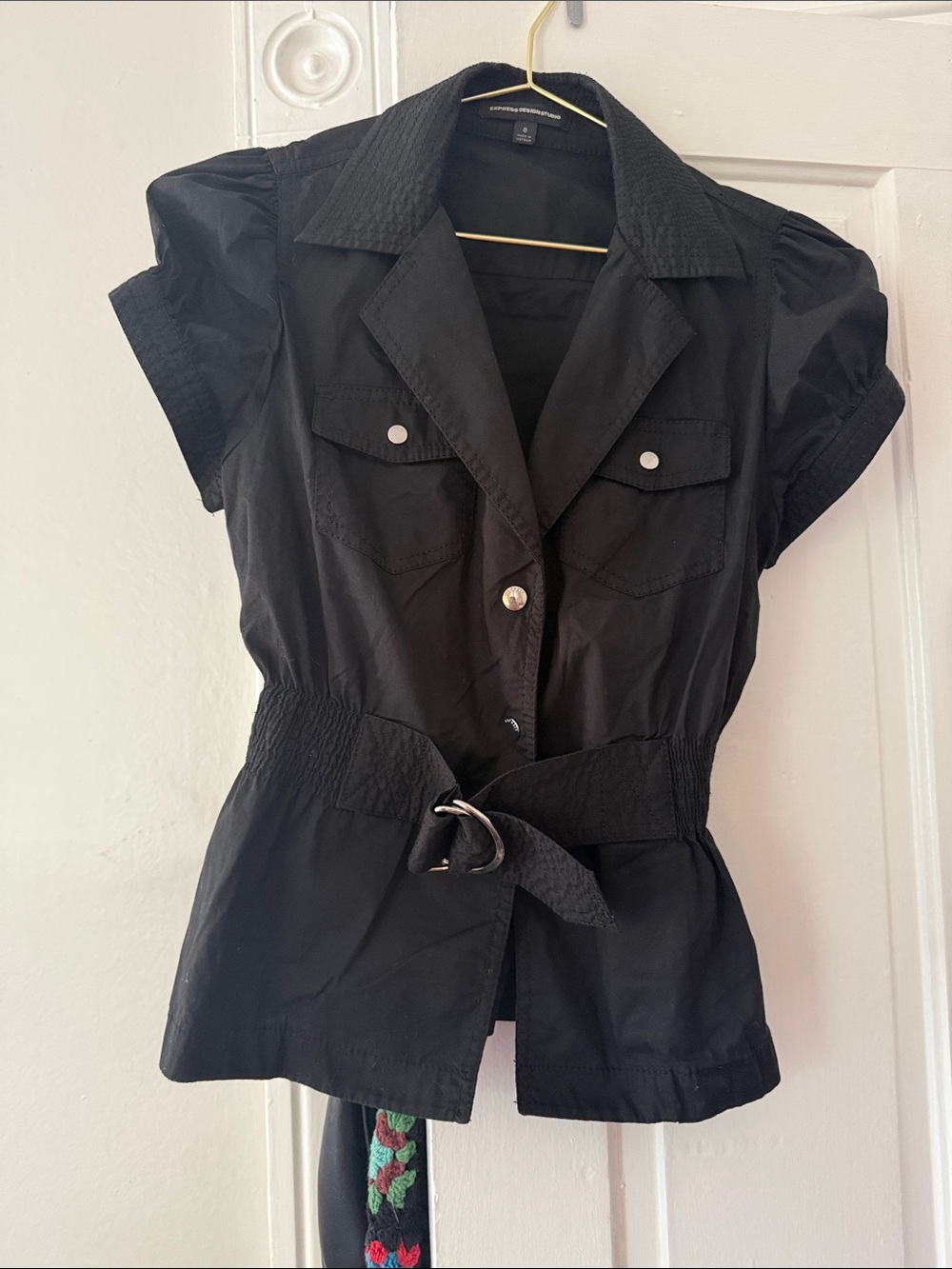 Express Black Short-Sleeve Button-Down Shirt with Self-Tie Belt